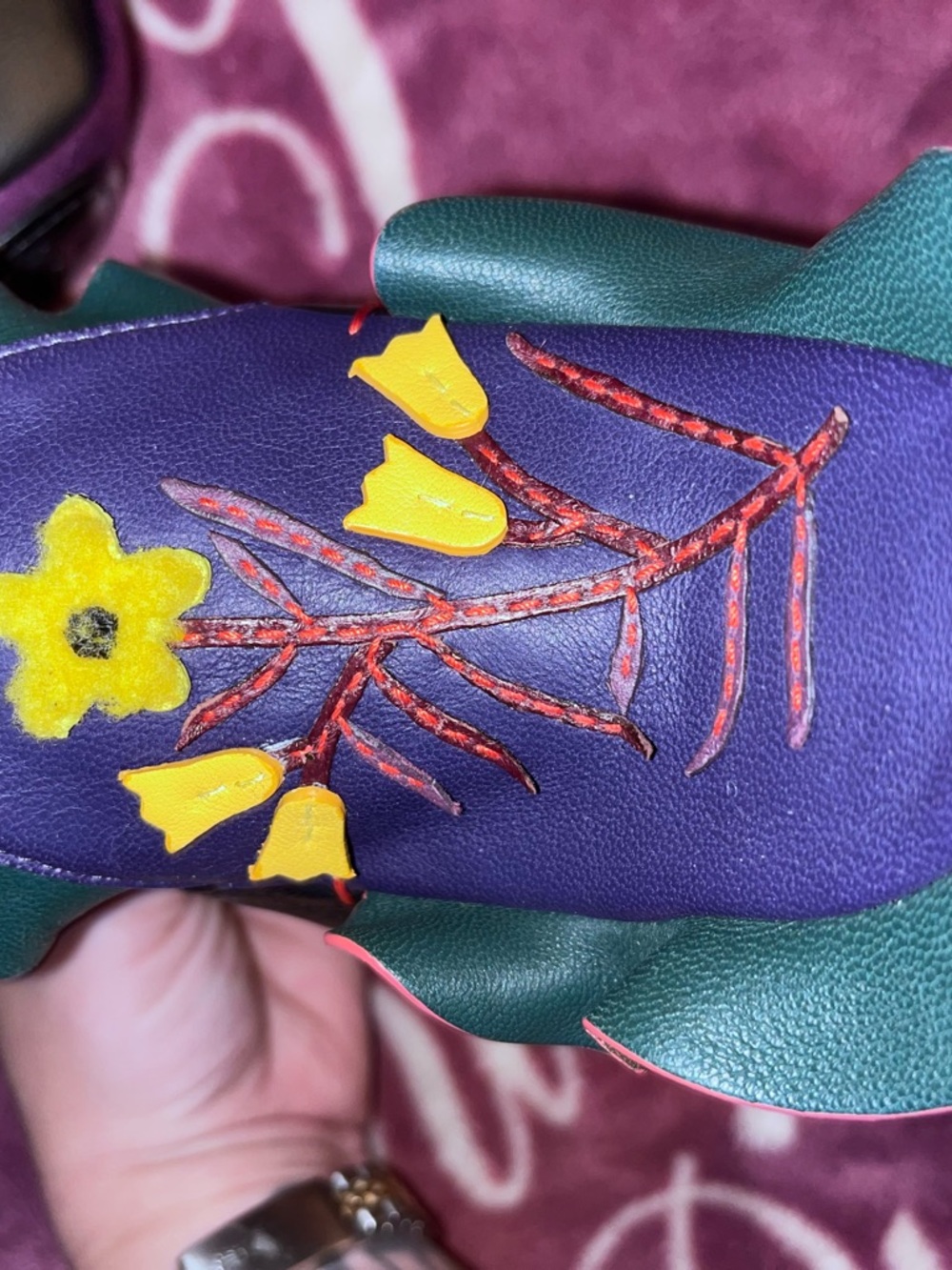 Fendi Green & Purple Floral Embroidered Leather Mules - Picture 9 of 14